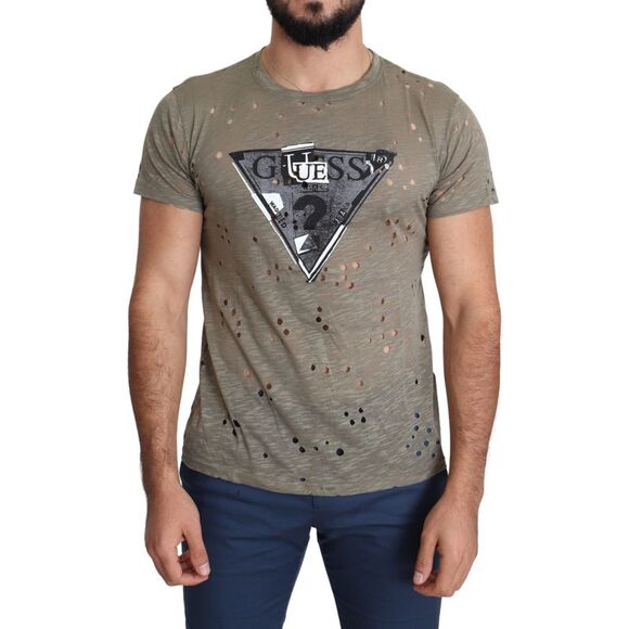 Guess Brown Cotton Stretch Logo Print Men Casual Perforated Men's T-shirt